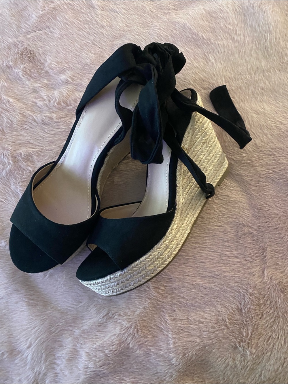 Black Women's Espadrille Wedge Sandals with Ankle Tie